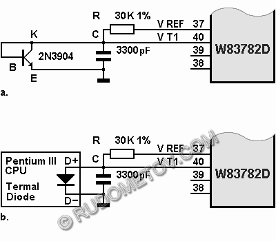 Das Schema des Anschlues zum integrierten Schaltkreis W83782D der Halbleiterthermosensoren: 